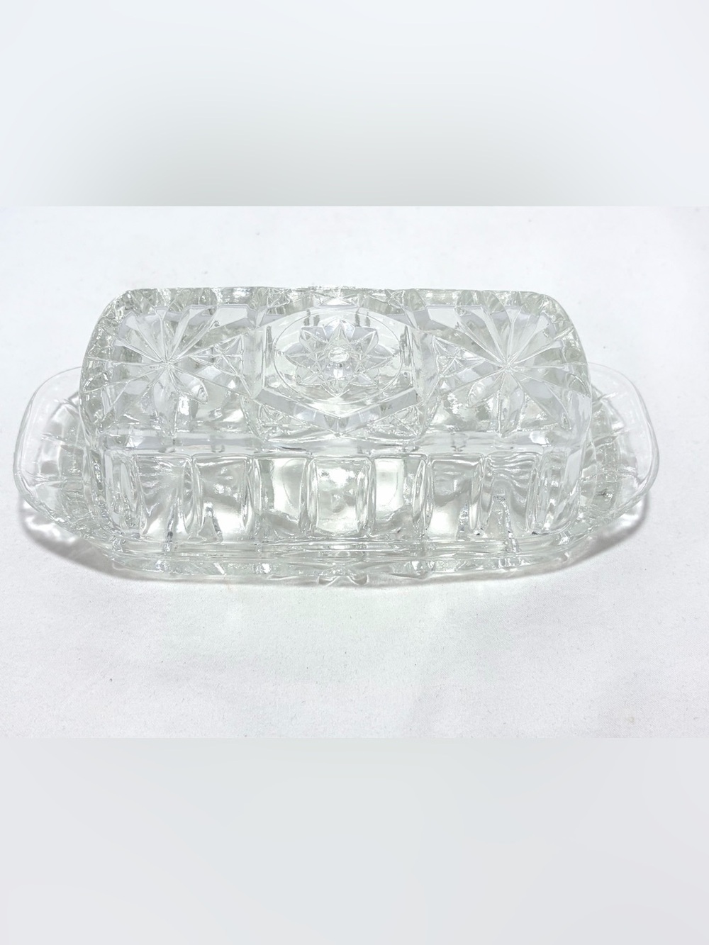 Vintage Anchor Hocking Star Of David Crystal Glass Butter Dish